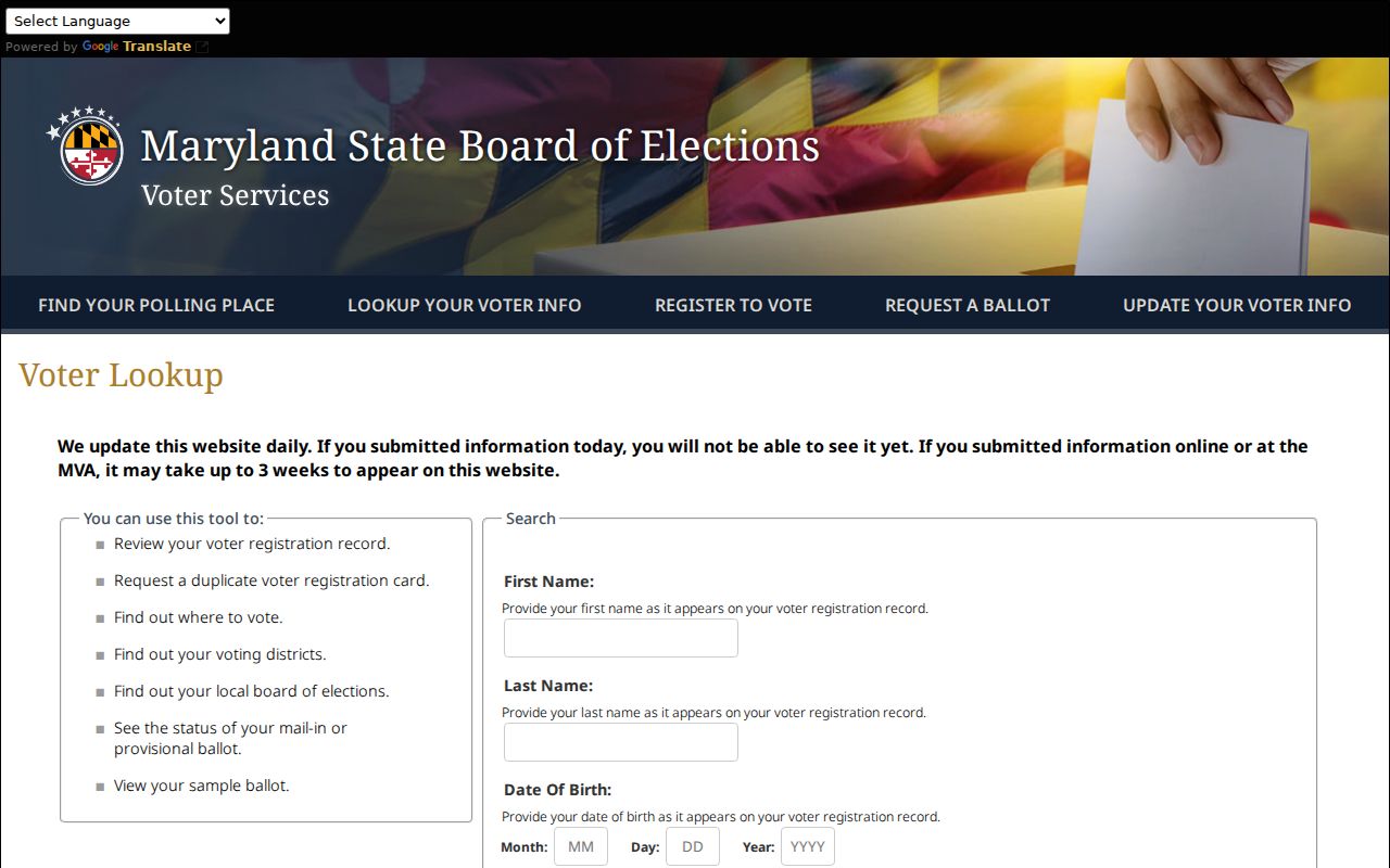 Owings Mills voter registration lookup required fields
